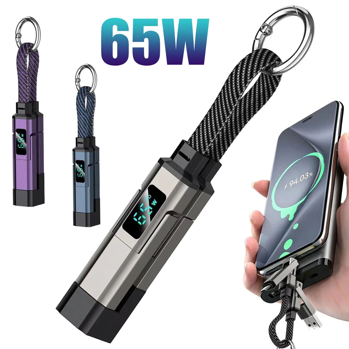 65W Digital Display Super Fast Charging 4 in 1 Keychain Data Cable Type C for Apple Portable Cord for IPhone/iPad/Samsung/Laptop